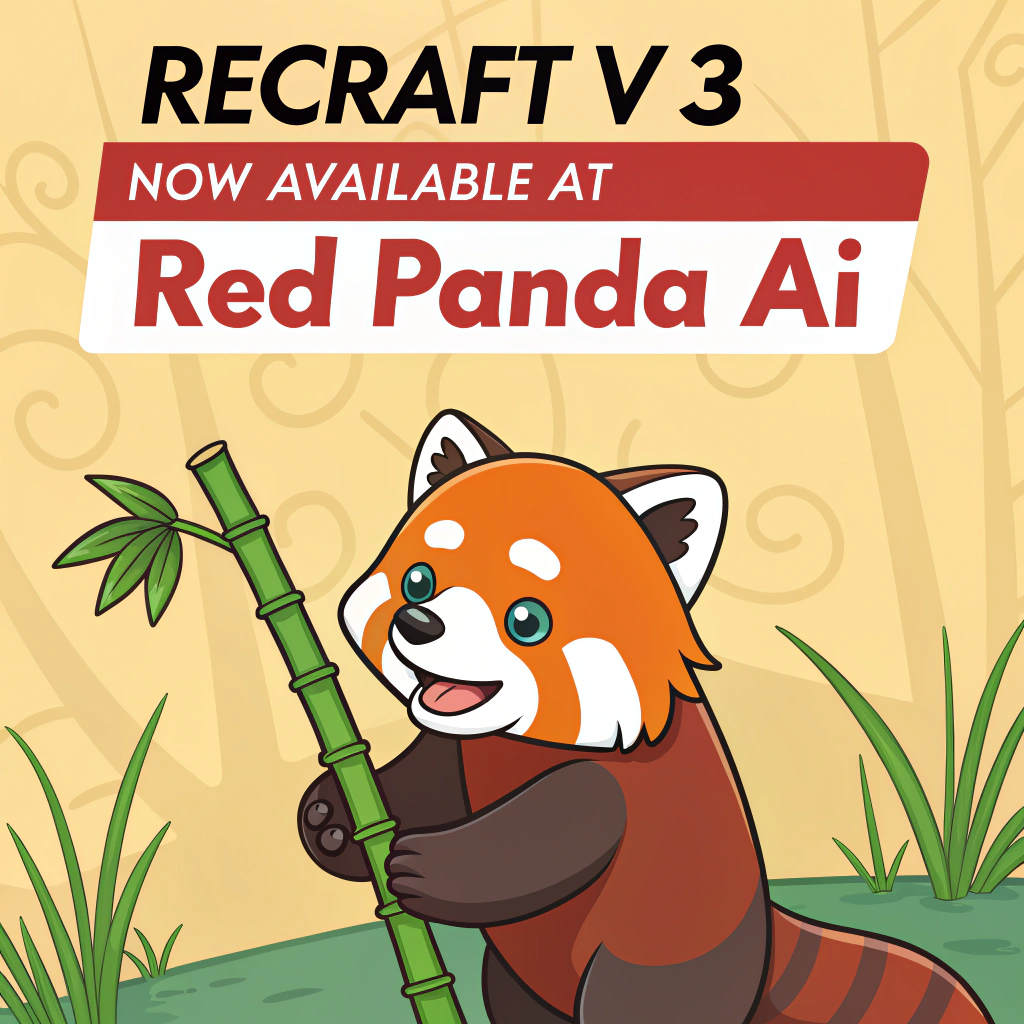 AI generated image by Red Panda AI: a red panda eating a bamboo in front of a poster that says "recraft V3 now available at red panda ai