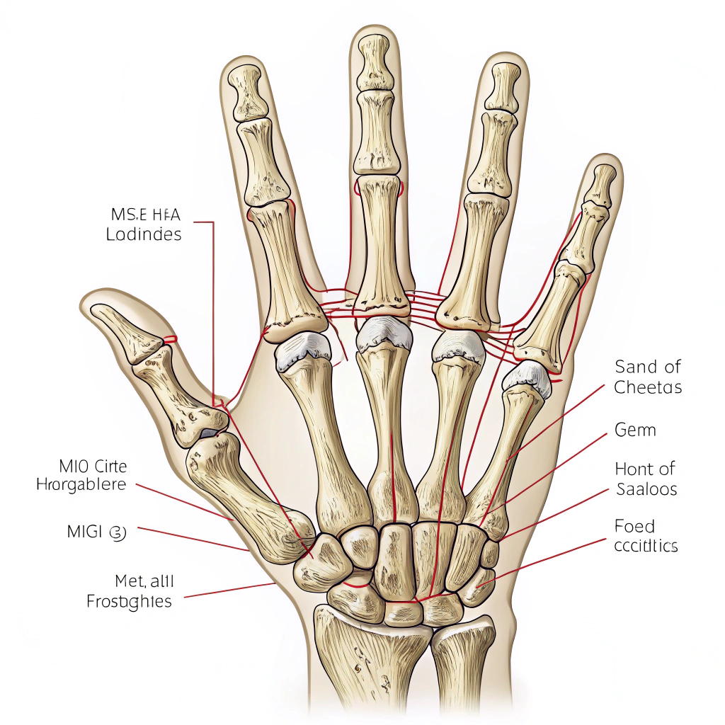 AI generated image by Red Panda AI: please create anatomic hand diagram but with the anatomic bones replaced with lines and boxes, maintain the anatomic length and size of bones please