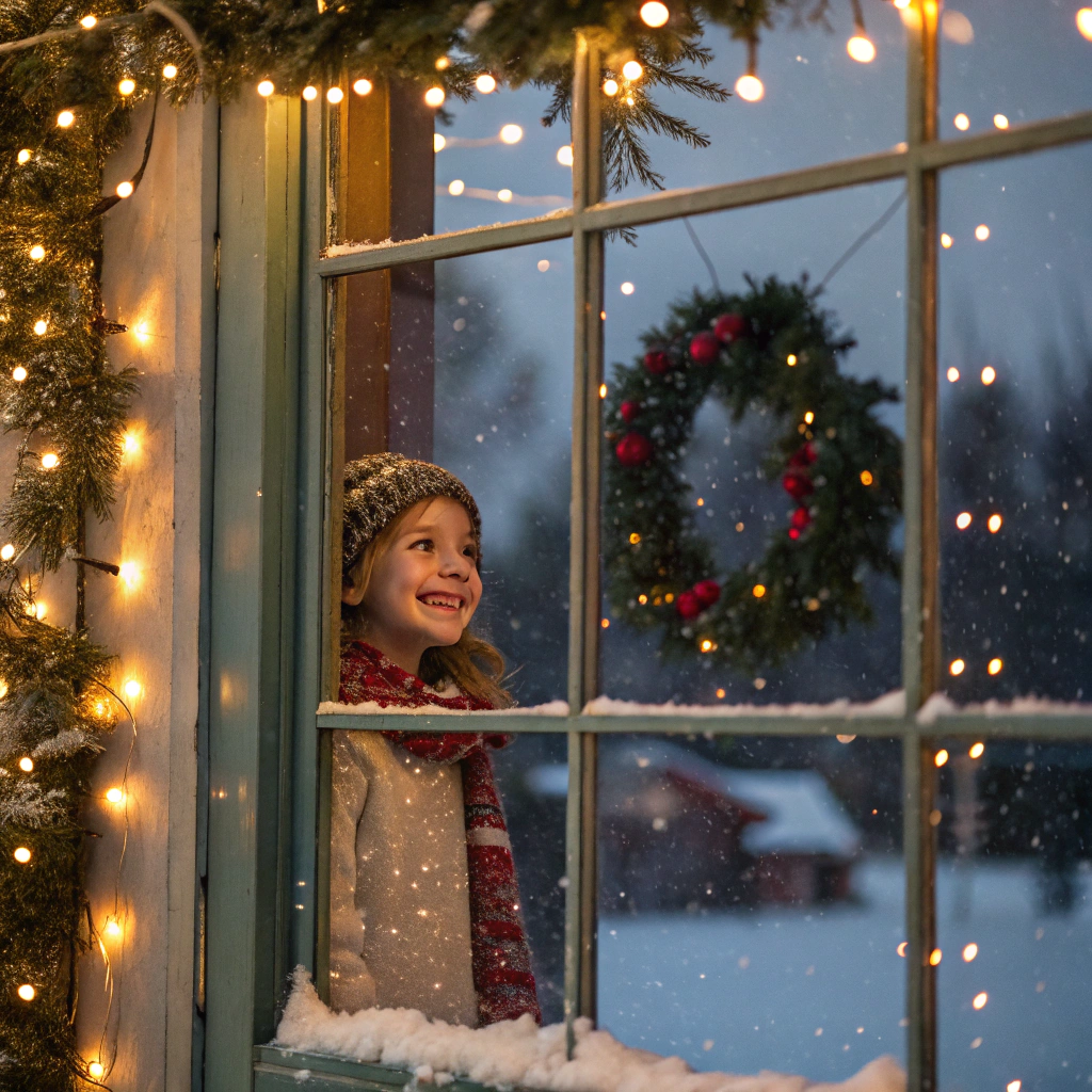 AI generated image by Red Panda AI: girl smiling in christmas with a window and it is snowing

