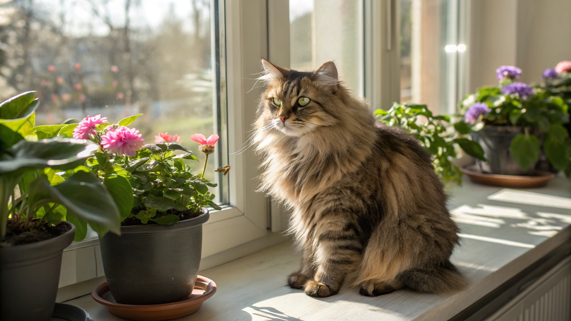 AI generated image by Red Panda AI: A fluffy tabby cat with sparkling green eyes sitting peacefully on a sunlit windowsill, surrounded by potted plants and blooming flowers, with soft sunlight streaming through the window casting gentle shadows.