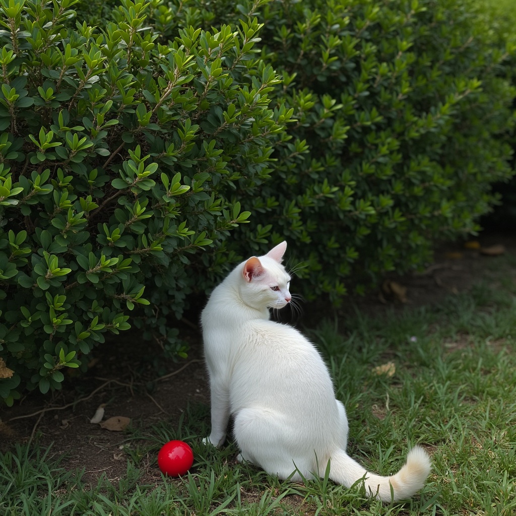 AI generated image by FLUX.1-pro: A white cat is squatting beside green bushes, with a red ball placed nearby.
