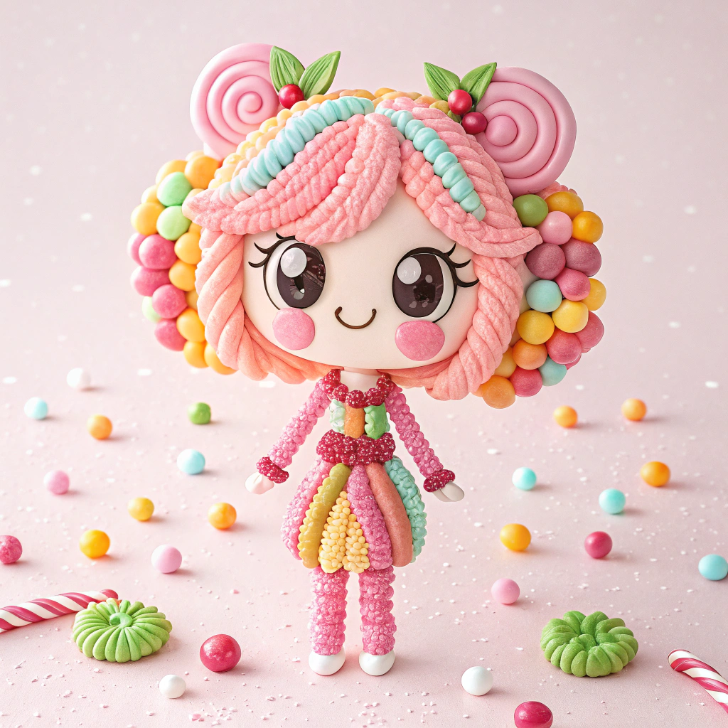 AI generated image by Red Panda AI: Anime style pink skin candy girl made of candies 
