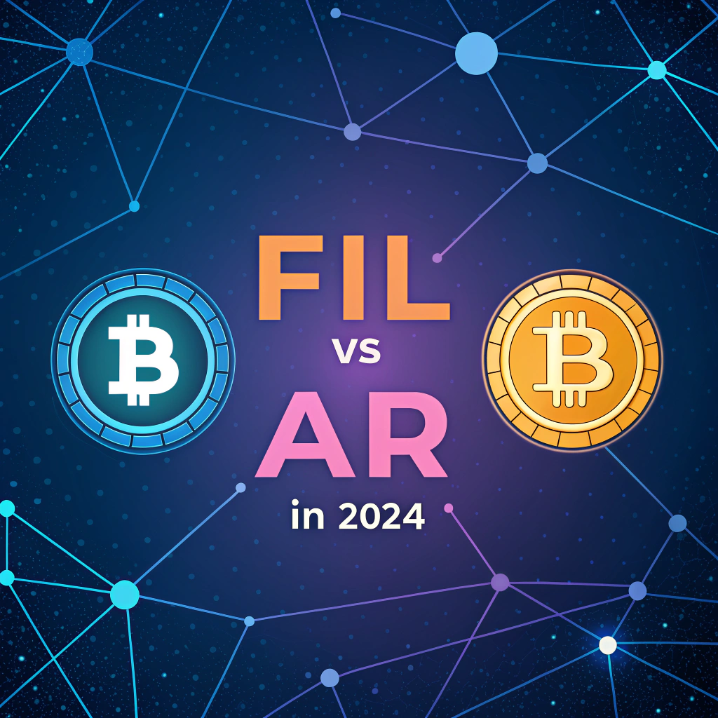 AI generated image by Red Panda AI: Futuristic banner for a blogpost, with network represent usually used colors and storage idea design and style, not crypto tiker symbols. Big title "FIL vs AR" and small subtitle "in 2024"