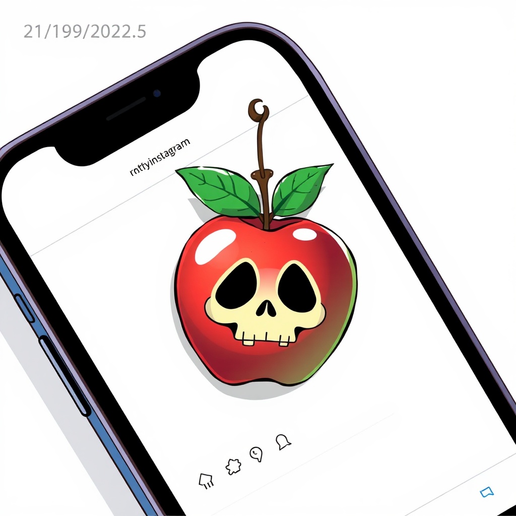 AI generated image by FLUX.1-schnell: A anime  apple with a skull face hangs from a hook on a cell phone screen, which is displaying an Instagram page. The image has the date and time stamp of 21/09/2022 at 22:35 in the upper left corner.
