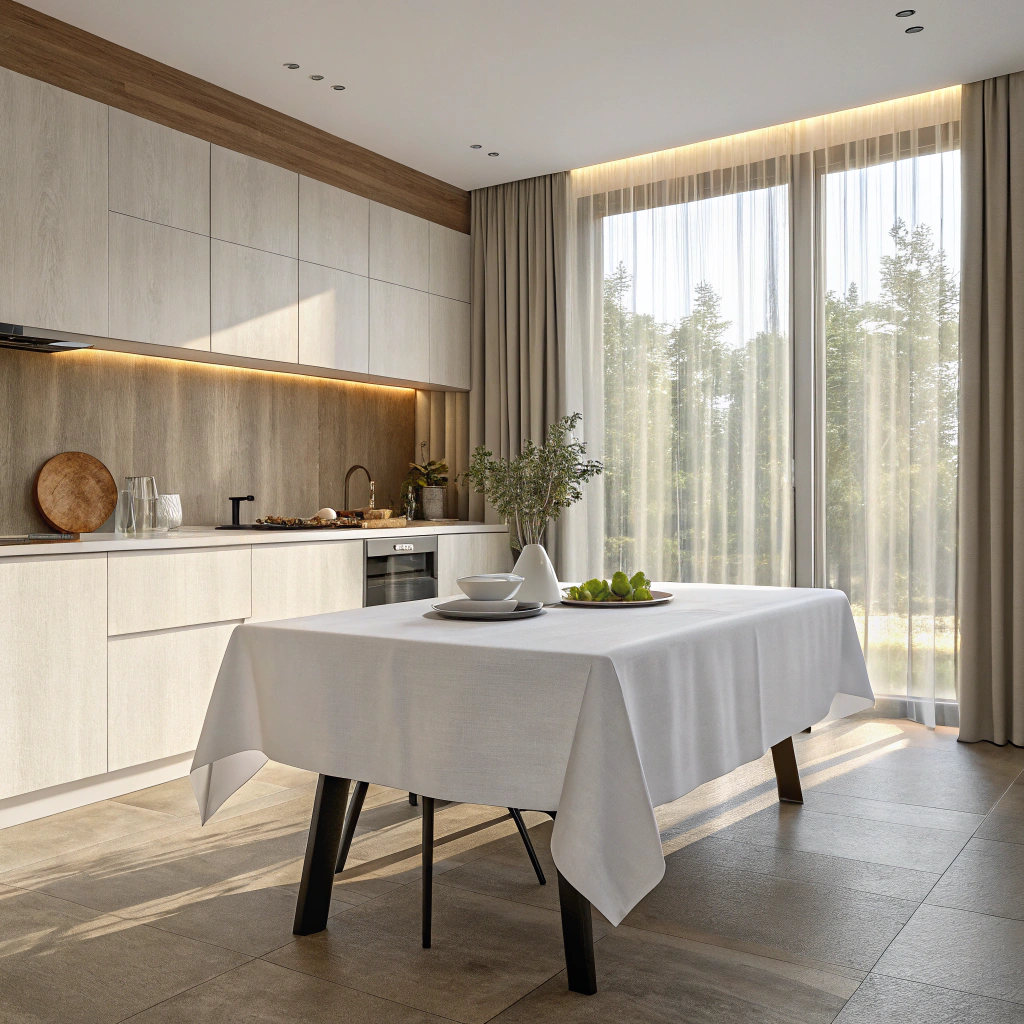 AI generated image by Red Panda AI: "A modern, minimalist kitchen with a sleek, stylish interior design. At the center stands a neutral-colored kitchen table with a thick, plain white tablecloth that lies flat on the tabletop, creating a clean, polished look. Directly behind the table is a large window with semi-transparent sheer curtains, allowing soft daylight to stream into the room, filling the space with warm, natural tones. The soft light through the sheer curtains adds a cozy, serene ambiance to the kitchen, highlighting its elegant and minimalistic design."