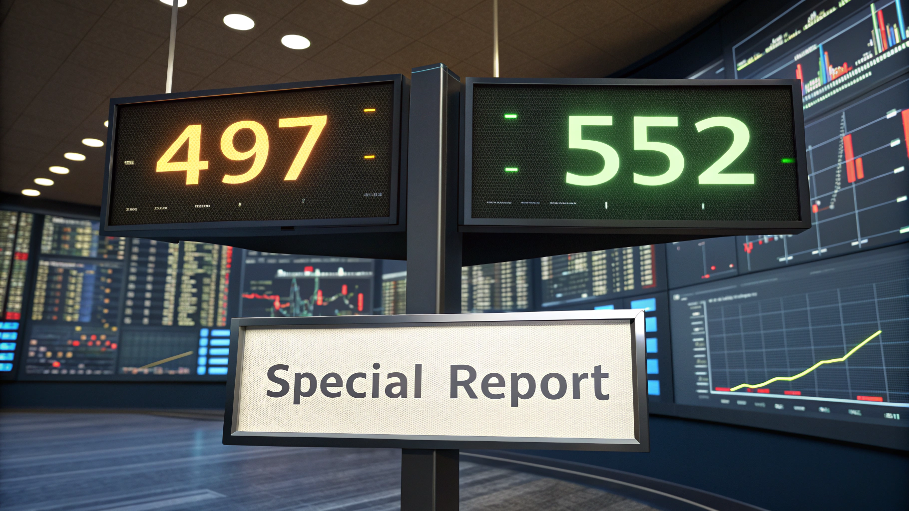 AI generated image by Red Panda AI: on one side is the number $497, on the other side is the number $552.  futuristic, stock market related charts in the background, photorealistic, a sign reads, "Special Report"
