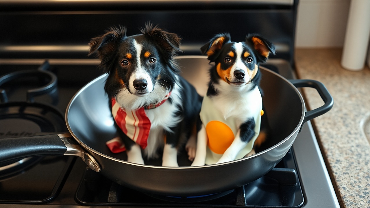 AI generated image by FLUX.1-schnell: A very large frying pan sitting on a stove. There are two border collie dogs sitting in the frying pan. The left hand dog is about eight years old, bicolour Black and white border collie, and wearing a bacon costume. The  slightly smaller right hand dog is about one and a half years old tricolour black, tan and white border collie wearing a fried egg costume. This is a scene suitable for a Halloween postcard. The left-hand dog also has a few blacks freckles on its nose on the left side. 