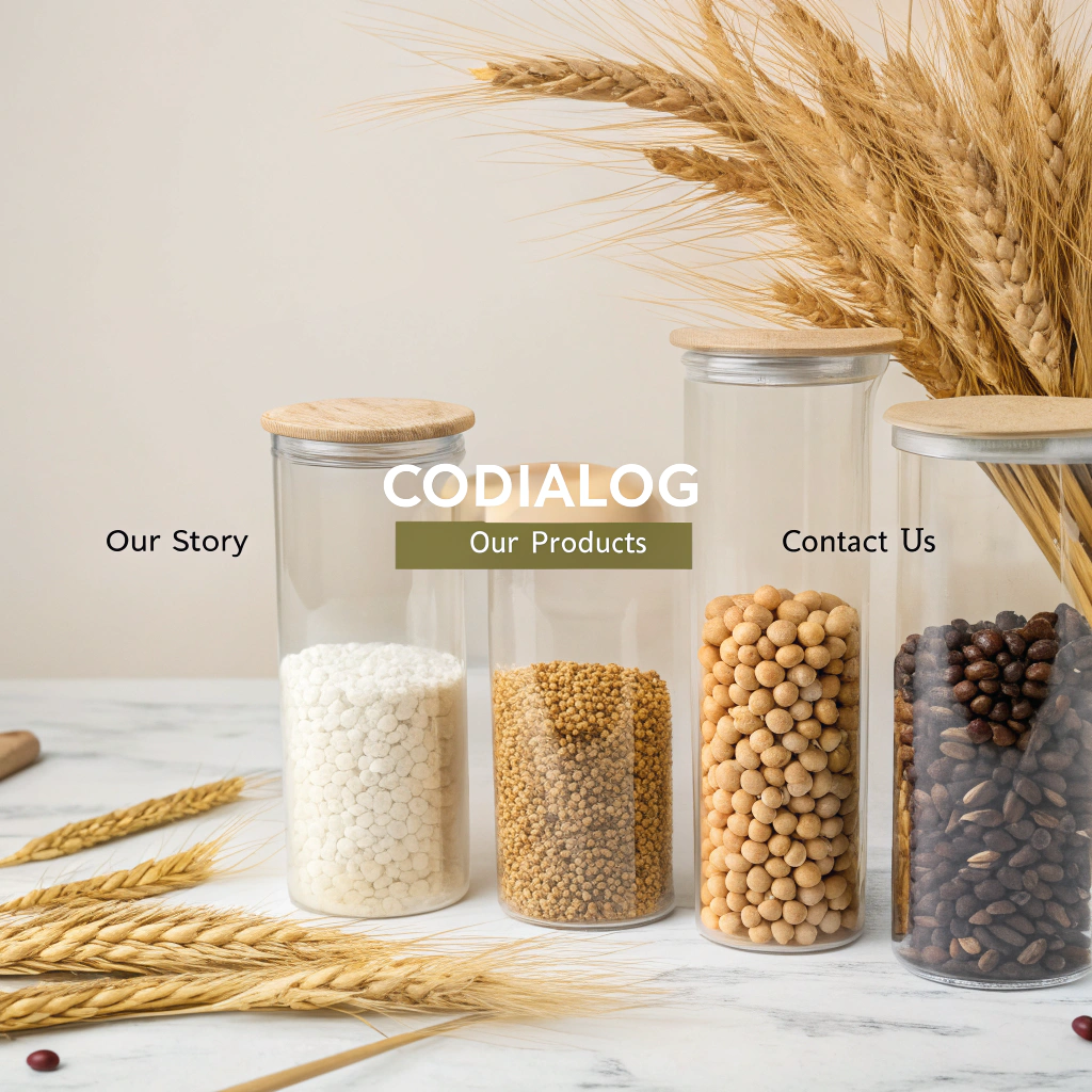 AI generated image by FLUX.1-schnell: A 3D website with a minimalist design showcasing a variety of grains and pulses in transparent containers. There is a background with wheat, rice, and beans. The word "CODIALOG" is written in the center. The website has a navigation bar with links to "Our Story", "Our Products", and "Contact Us".
