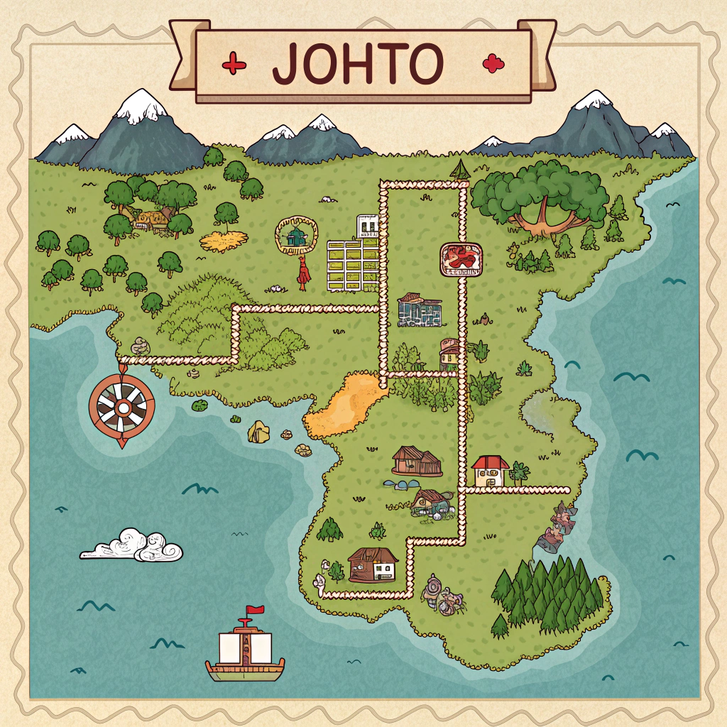 AI generated image by Red Panda AI: Gere uma imagem de JOHTO reduzida, gere uma imagem em mapa, para eu fazer em meu poketibia
