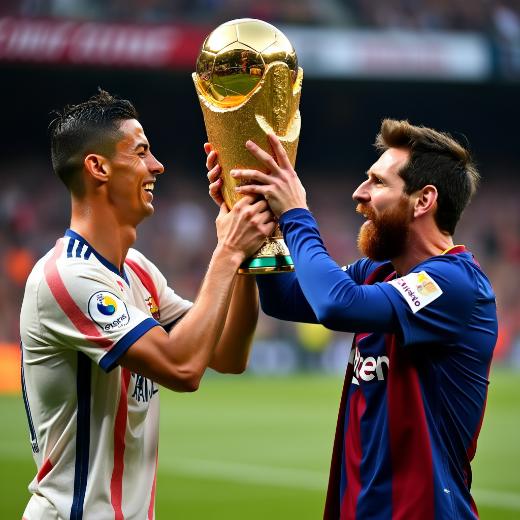 AI generated image by FLUX.1-pro: Cristiano Ronaldo y Messi besandose y levantando la copa del mundo 
