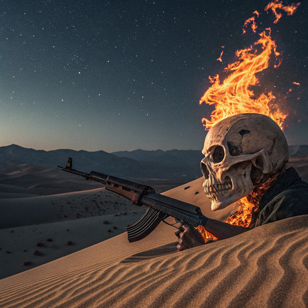 AI generated image by Red Panda AI: Uma caveira no deserto pegando fogo com uma ak47 nas mãos 