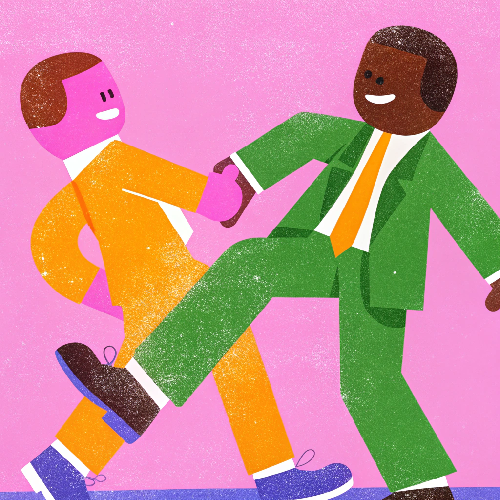 AI generated image by Red Panda AI: dos personas vestidas de traje, una haciendole una zancadilla al otro