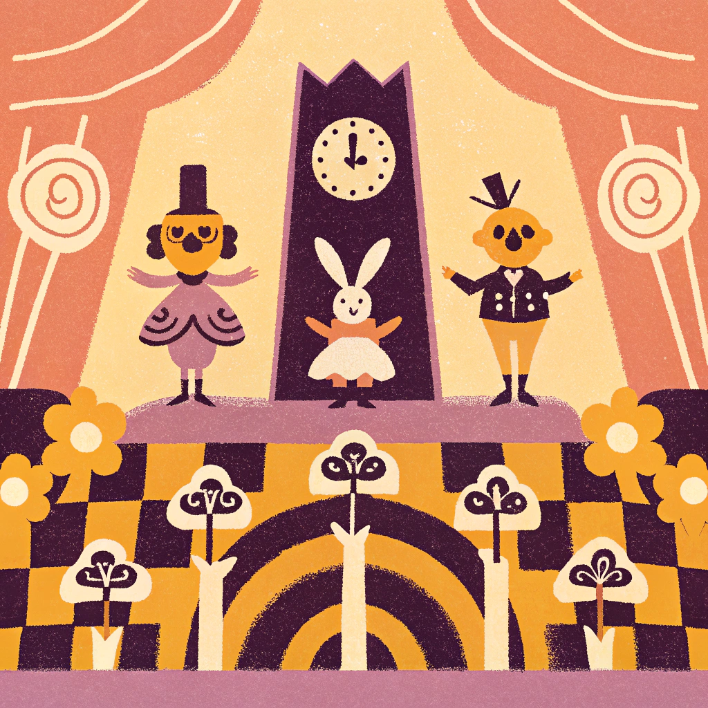 AI generated image by Recraft V3: a fnaf pizzeria show stage with a style of wonderland decor concept art detailed 