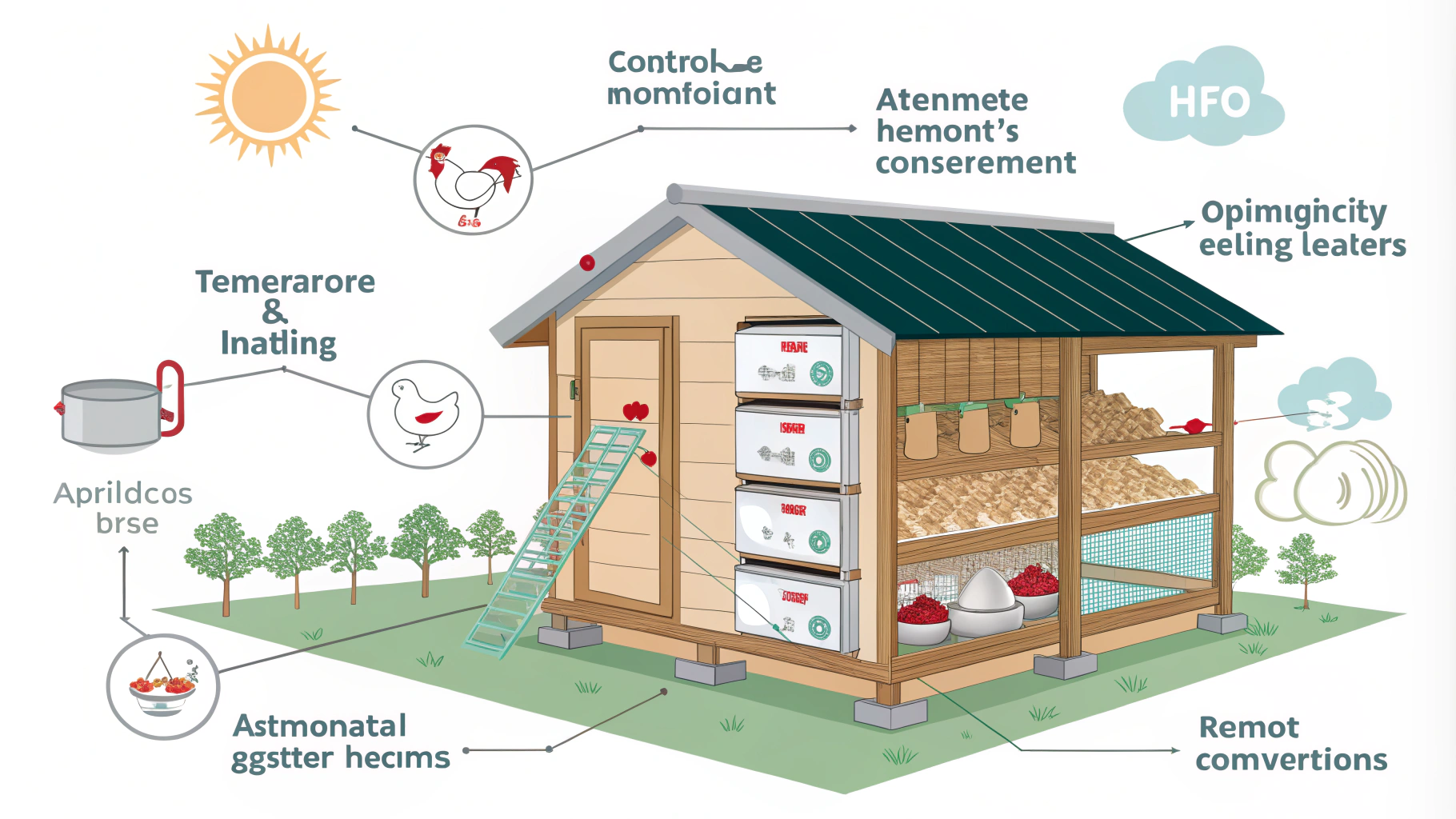 AI generated image by Red Panda AI: A smart chicken coop integrates various IoT devices and technologies to monitor, control, and optimize the environment for your chickens. This setup typically includes:

- **Sensors**: Devices that measure temperature, humidity, light levels, and ammonia concentration, ensuring that the coop environment remains conducive to the health of the birds.
- **Automated Feeders and Waterers**: Systems that dispense food and water at set intervals or in response to real-time data, ensuring that your chickens are well-fed without manual effort.
- **Cameras**: Surveillance systems that allow you to monitor your chickens remotely, providing peace of mind and the ability to check on their well-being from anywhere.
- **Temperature and Humidity Control**: Smart thermostats and humidistats that can automatically adjust heating and ventilation based on the environmental data collected by sensors.
