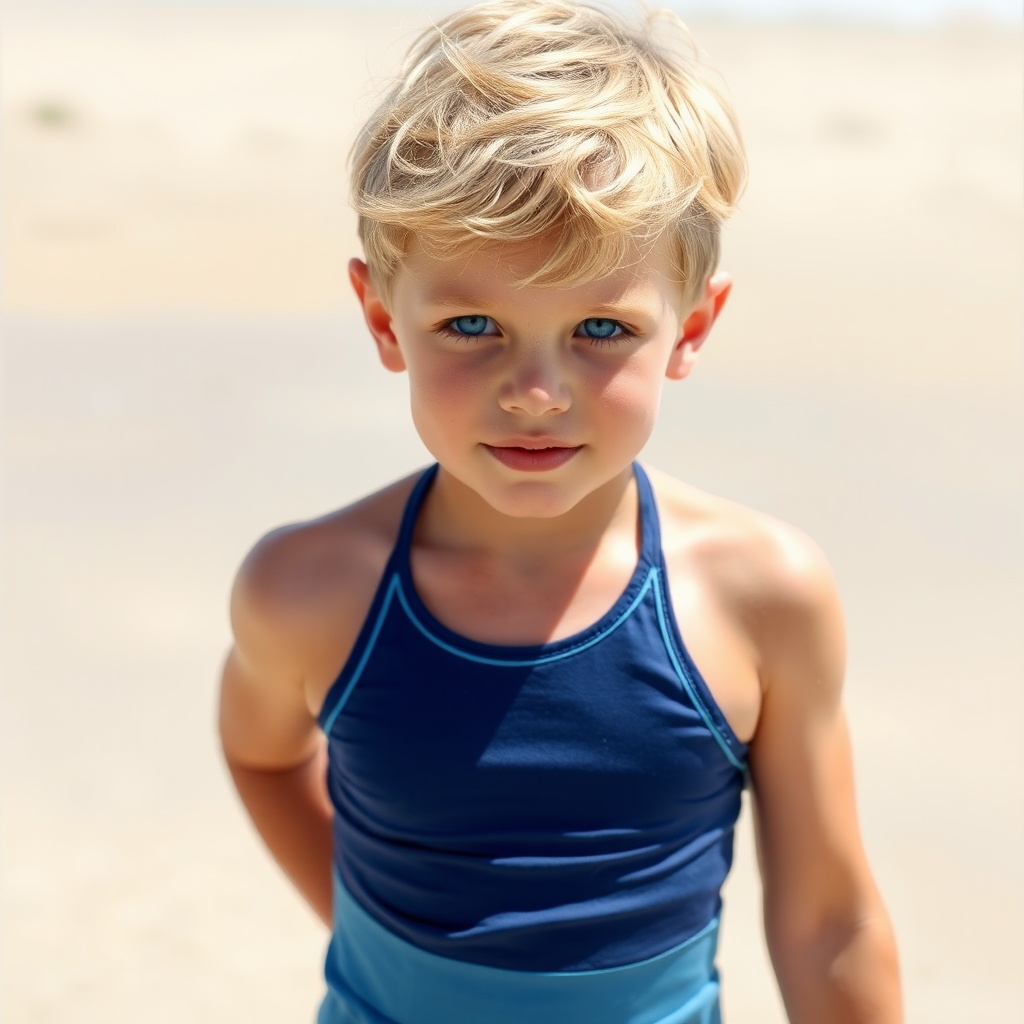 AI generated image by FLUX.1-schnell: garçon de huit ans blond aux yeux bleu en maillot de bain sur la plage