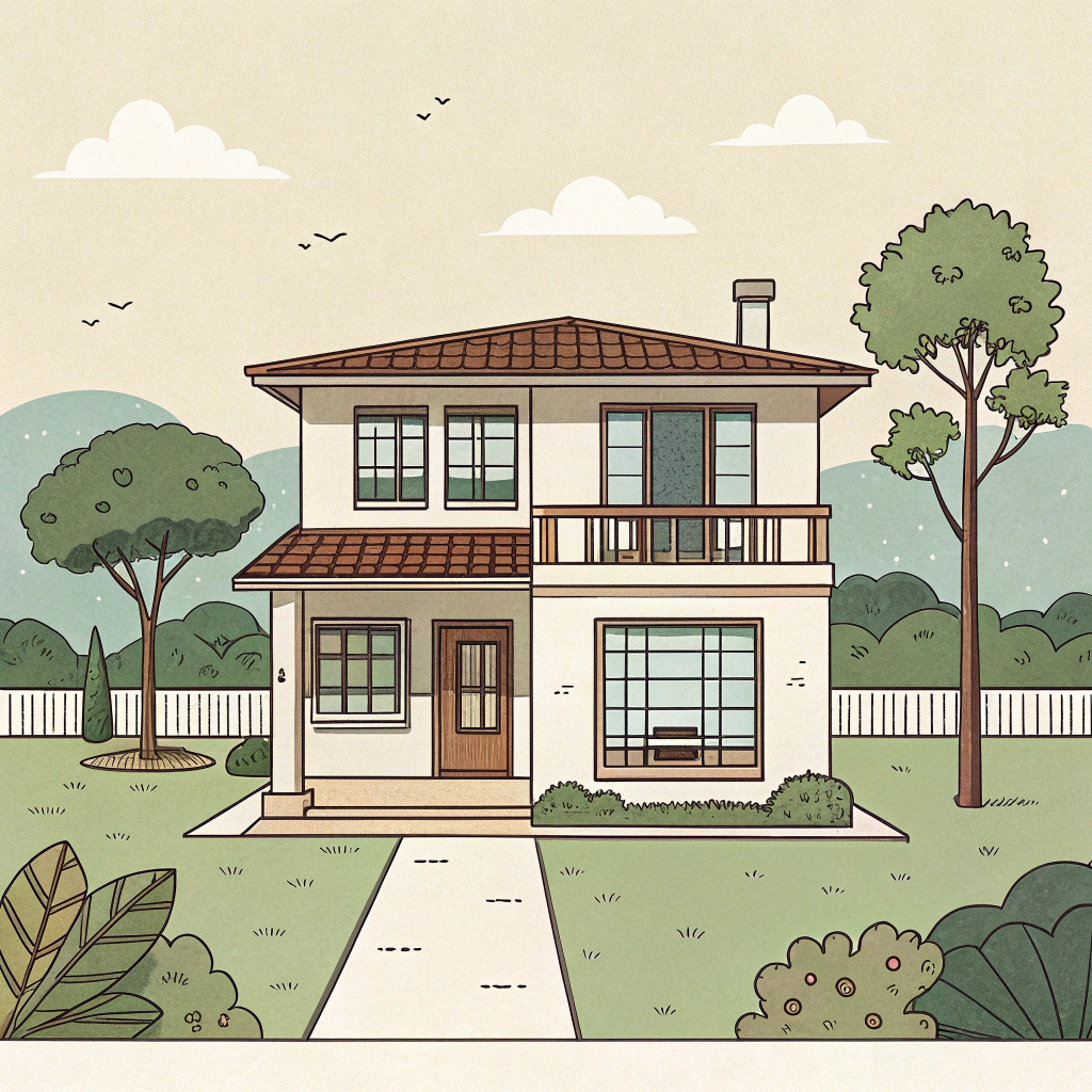 AI generated image by Red Panda AI: "Illustration of a two-story house in a suburban environment, highlighting the rental apartment on the second floor, located in the Porfía neighborhood of Villavicencio. The house presents a simple design with large windows, a small front patio and a quiet residence.