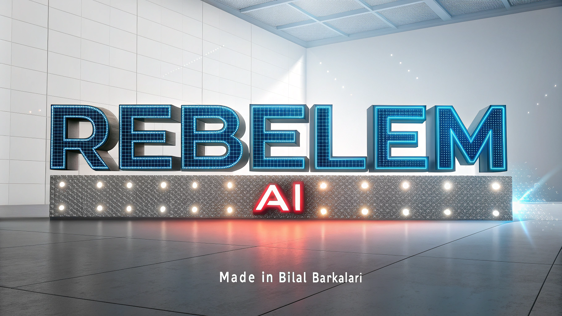 AI generated image by Red Panda AI: "ReBeLem Ai" yazısını teknoloji ve eğitim temalarını birleştiren 3D bir tasarım olarak oluştur. Yazı, modern ve yüksek teknoloji havası veren bir font ile dinamik bir şekilde tasarlanmalı, çevresinde parlak ışık efektleri ve neon dokular kullanılmalı. Yazının alt kısmında daha küçük bir şekilde "Made in Bilal Bankaları" yazısı eklensin. Tasarımda metalik ve dijital yüzey dokuları kullanılsın, mavi, gümüş ve neon renk paleti tercih edilsin. Arka plan sade ve yazının ön plana çıkmasını sağlayacak şekilde minimal olsun.