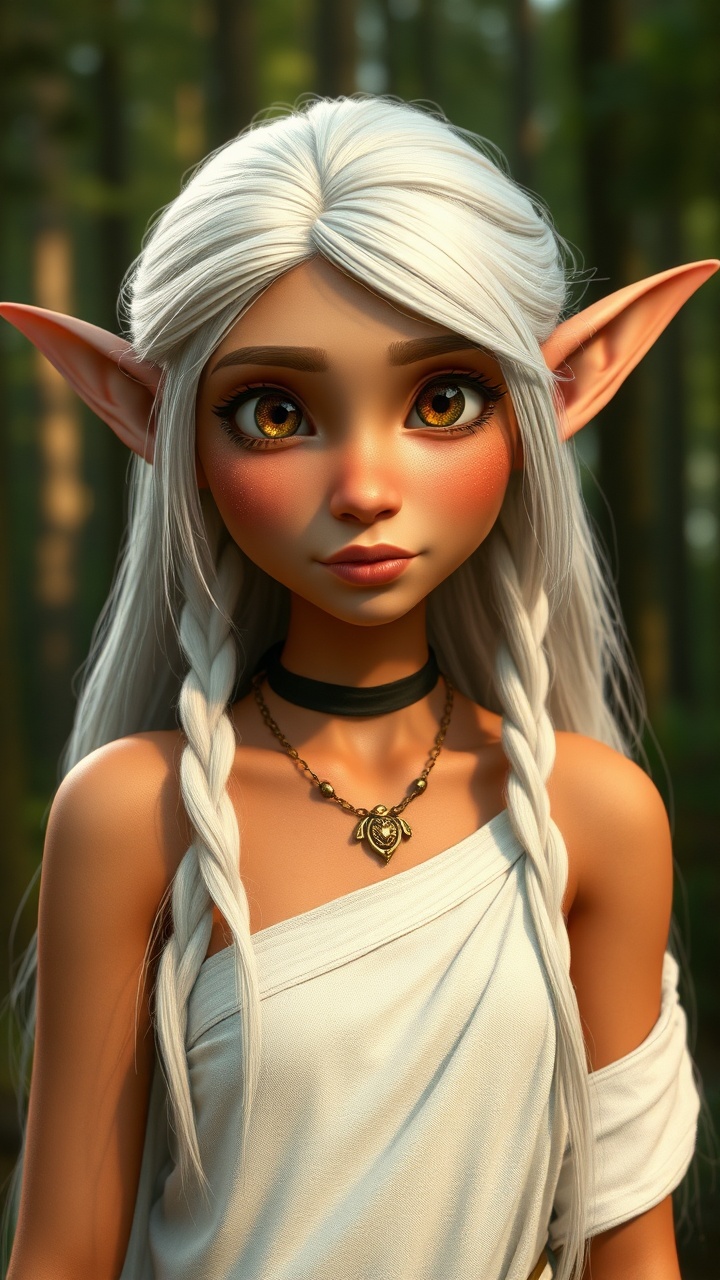AI generated image by FLUX.1-schnell: Create an Pixar image of a beautiful elf girl, full body shot, 30 years old, painted lips, Focused on the face, tanned skin, golden eyes, pointed ears, long white hair, gigantic nose, dressed in a white chiton, forest, full length, Realism --ar 9:16 -- stylize 750 --v 6, HD, 4K
