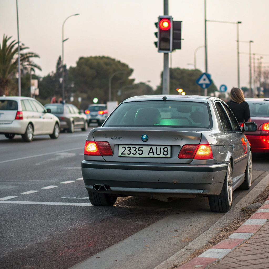AI generated image by Red Panda AI: A BMW car was waiting for the red light at the intersection. The license plate number was "235 AU8".
