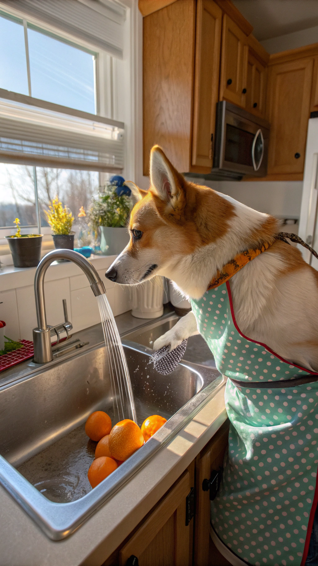 AI generated image by Red Panda AI: anthropomorphic standing corgi wearing an apron washing oranges with water flowing from a faucet in a kitchen sink in an American suburban kitchen during the daytime