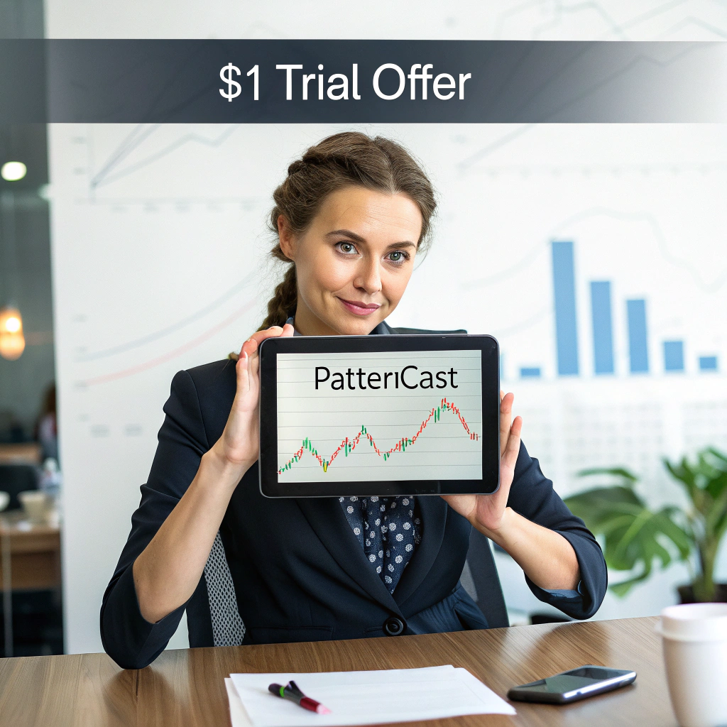 AI generated image by Red Panda AI: $1 Trial for PatternCast, stock market related, beautiful woman looks directly at viewer

