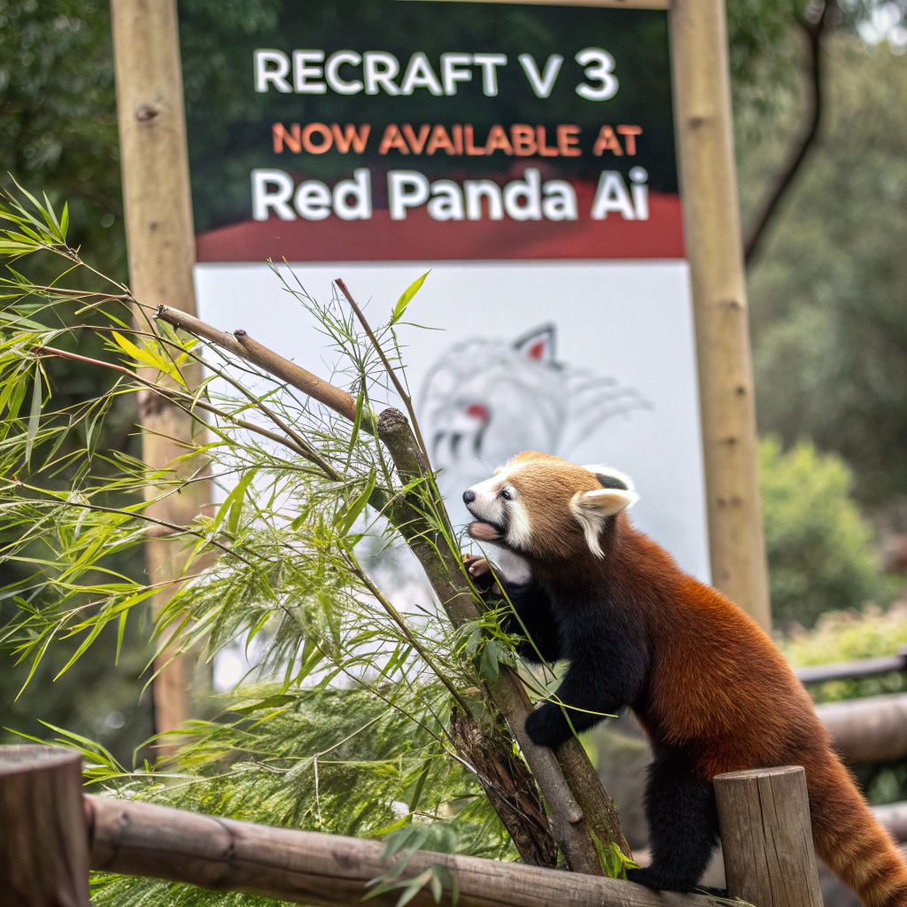 AI generated image by Red Panda AI: a red panda eating a bamboo in front of a poster that says "recraft V3 now available at red panda ai