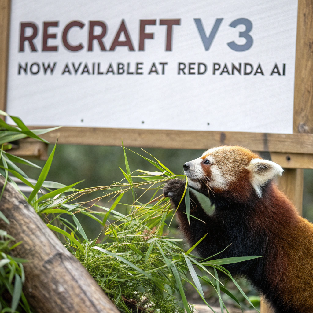 AI generated image by Red Panda AI: a red panda eating a bamboo in front of a poster that says "recraft V3 now available at red panda ai