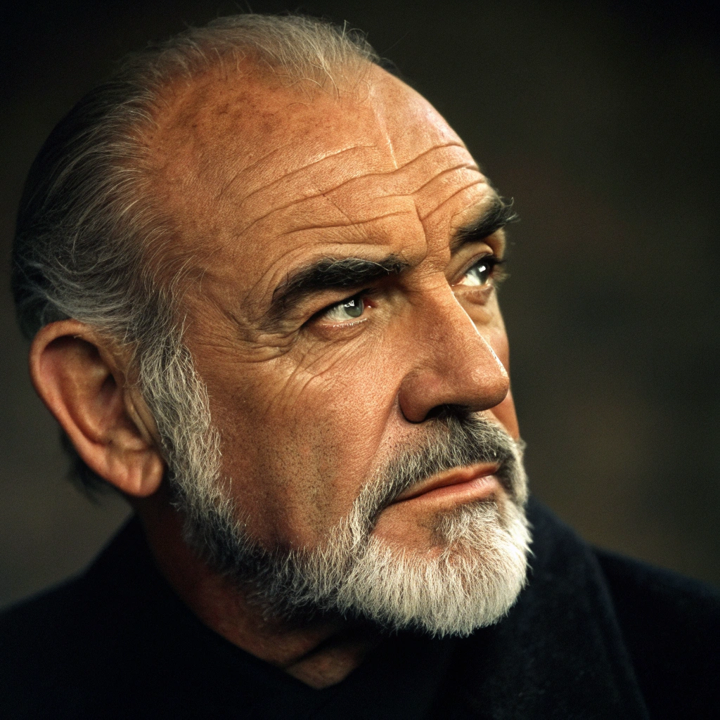 AI generated image by Red Panda AI: paint a picture that is limited to only seven brush strokes, using Golden Brand transparent acrylic paints, paint a painterly giclee close up macro portrait of sean connery, textured, zorn palette, rembrandt lighting