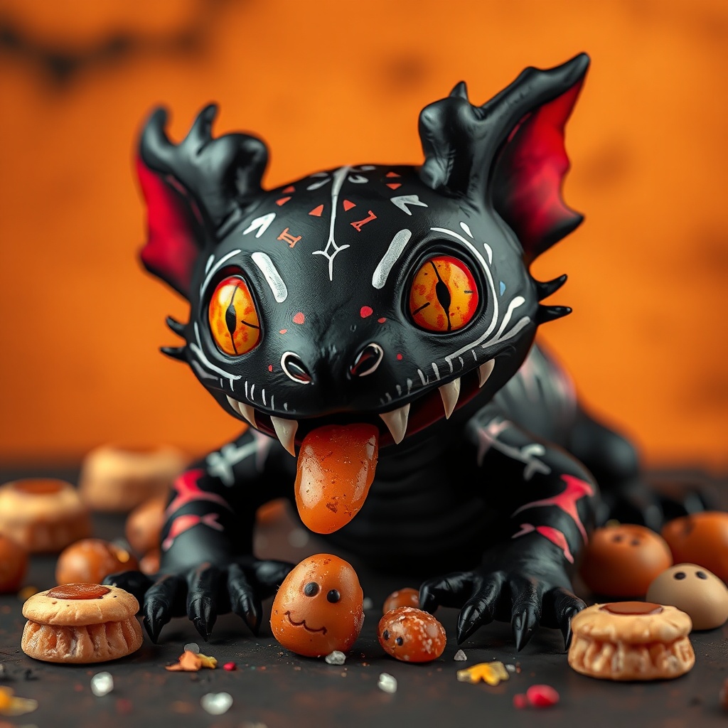 AI generated image by FLUX.1-schnell: Un Axolotl negro pintado de calavera en Halloween pidiendo dulces