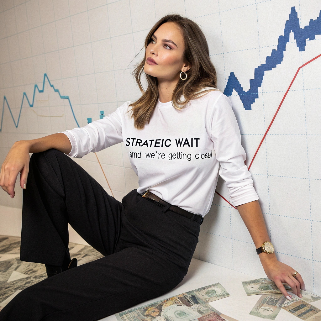 AI generated image by Red Panda AI: there is a stunningly beautiful woman who wears a shirt that says, "Strategic Wait, and we're getting close!" and obvious, there is a money flow somewhere, stock market motif "Strategic Wait, and we're getting close!" is the text,