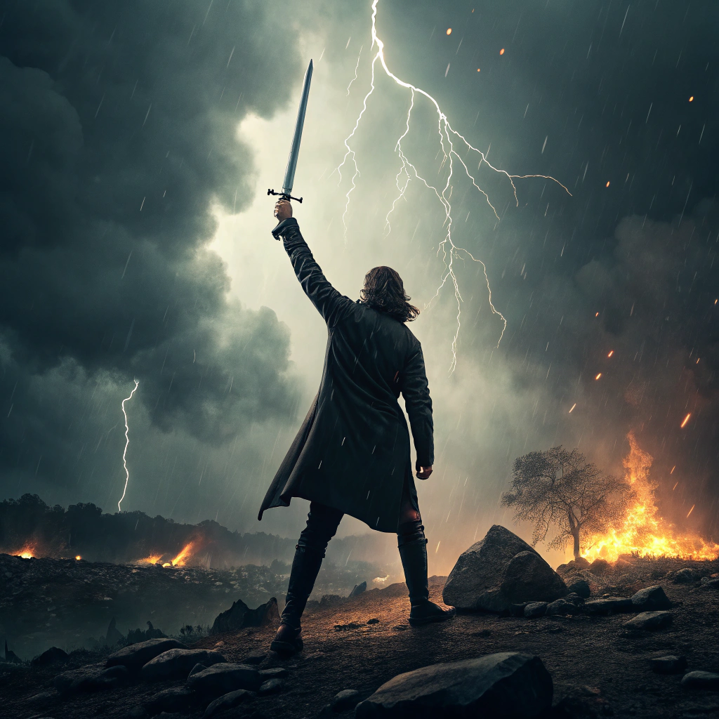 AI generated image by Red Panda AI: Dame una imagen que presente a un adulto con ropa oscura mirando al frente con una espada en la mano en señal de victoria, como simulando que acaba de terminar una batalla y se siente poderoso, fuerte, valiente y emocionado. Frente a él se aprecia un ambiente lleno de truenos, oscuro, con fuego, con humo y él mirando ese paisaje de frente él mirándose de espaldas a la toma. 