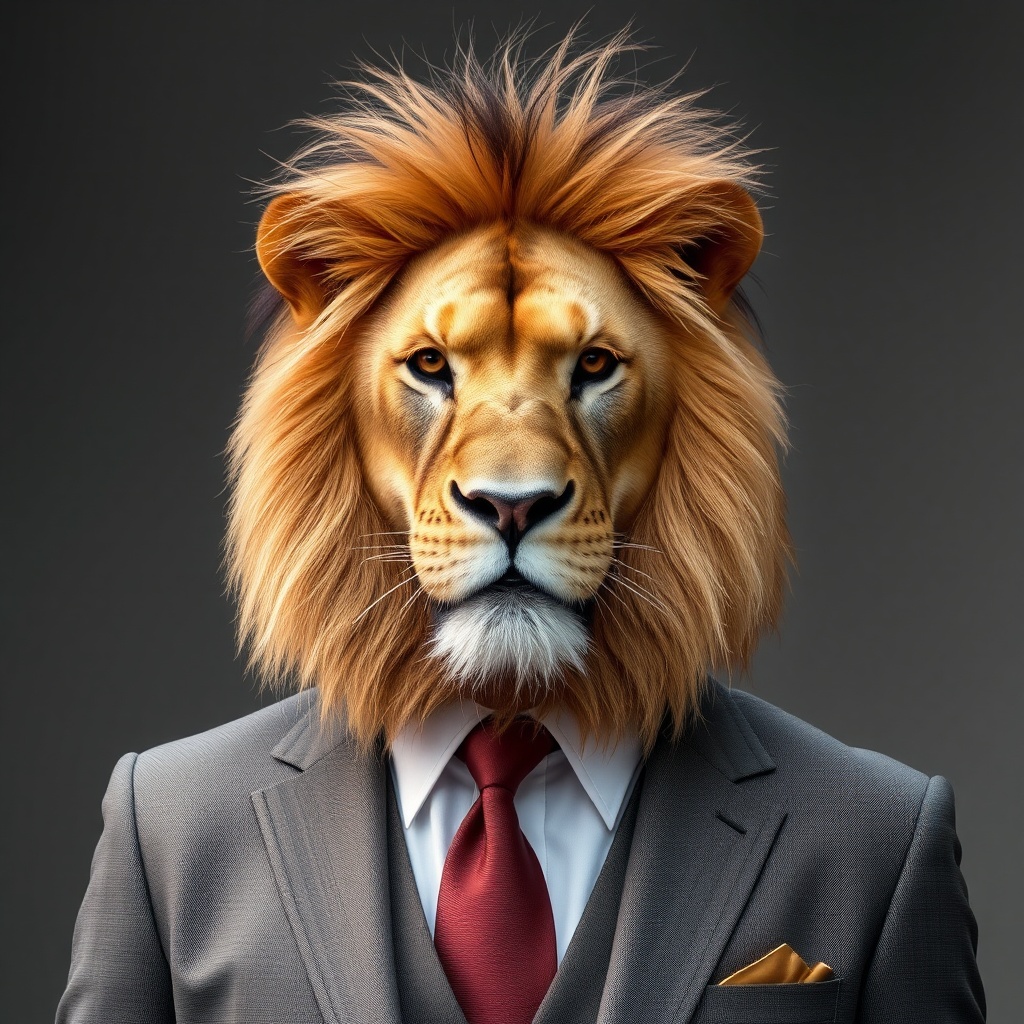 AI generated image by FLUX.1-schnell: A lion as human in suit 