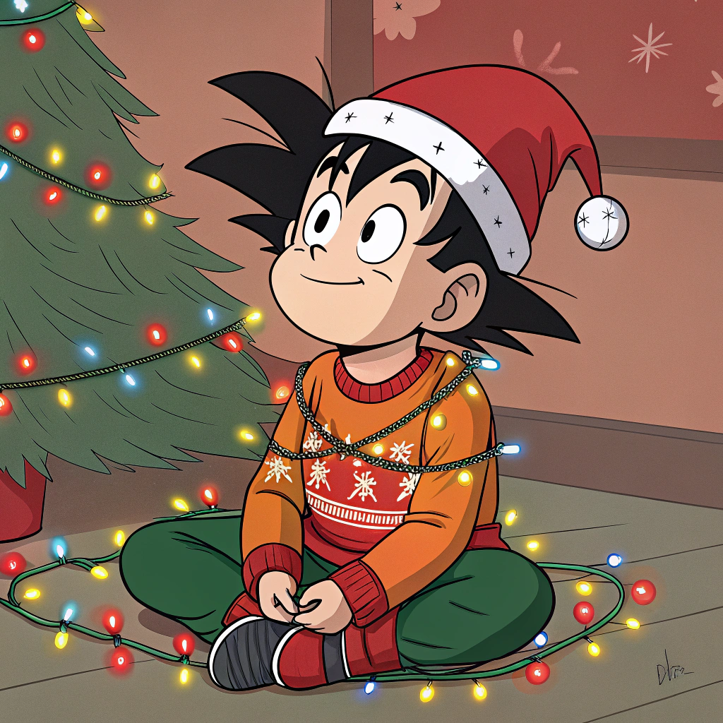 AI generated image by Red Panda AI: goku cartoon christmas sweater sitting christmas hat wrapped in christmas lights