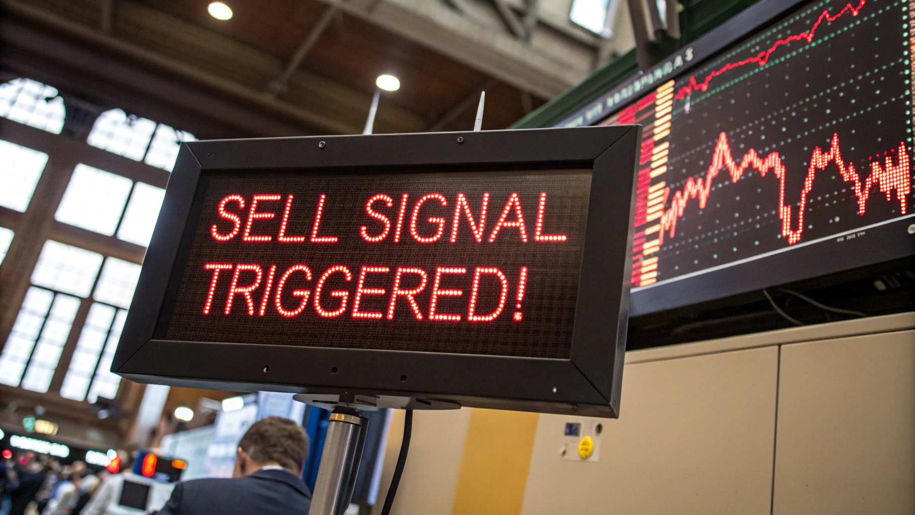 AI generated image by Red Panda AI: "Sell Signal Triggered!" is on a stock chart for the "SPY".  It is flashing red lights, big, bold, clear, stock market motif