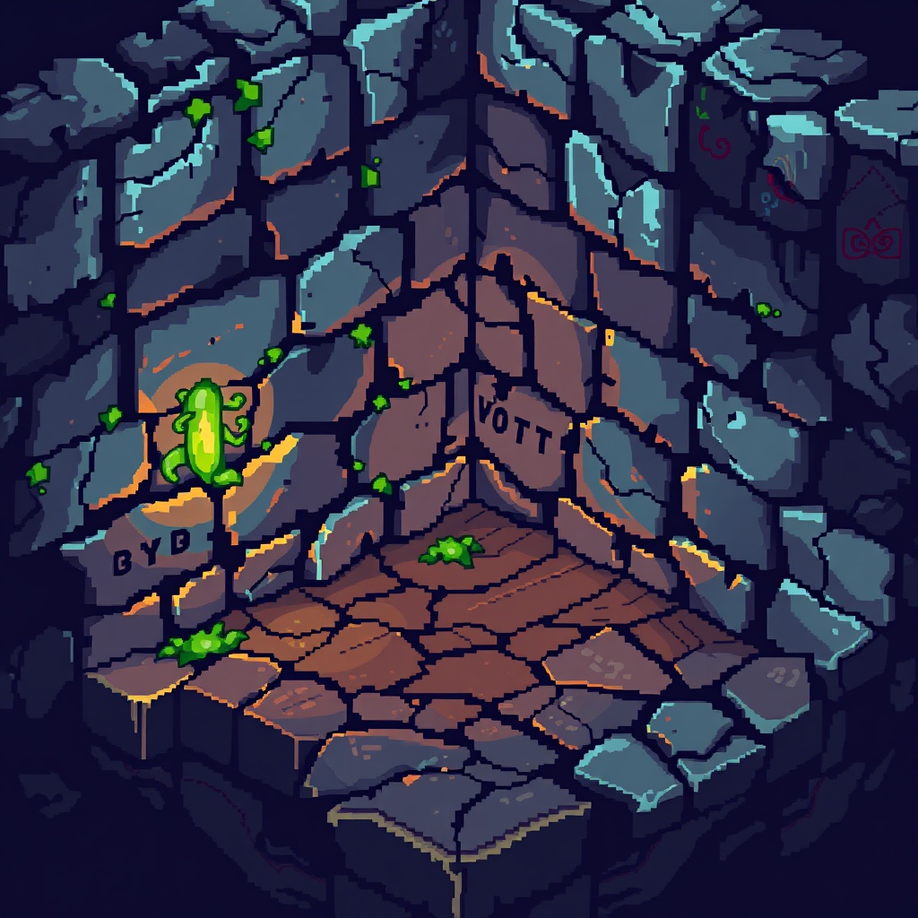 AI generated image by FLUX.1-schnell: "Un sprite en pixel art de 8x8 píxeles representando una baldosa de un dungeon oscuro y misterioso. El diseño es similar al estilo de Pixel Dungeon, con texturas detalladas y una paleta de colores apagados pero con contrastes sutiles. Puede ser una losa de piedra agrietada con musgo creciendo en las esquinas, un suelo de madera gastada o una baldosa con inscripciones arcanas. Se usa dithering y sombreados sutiles para dar profundidad, con detalles que refuercen una atmósfera de exploración y peligro."