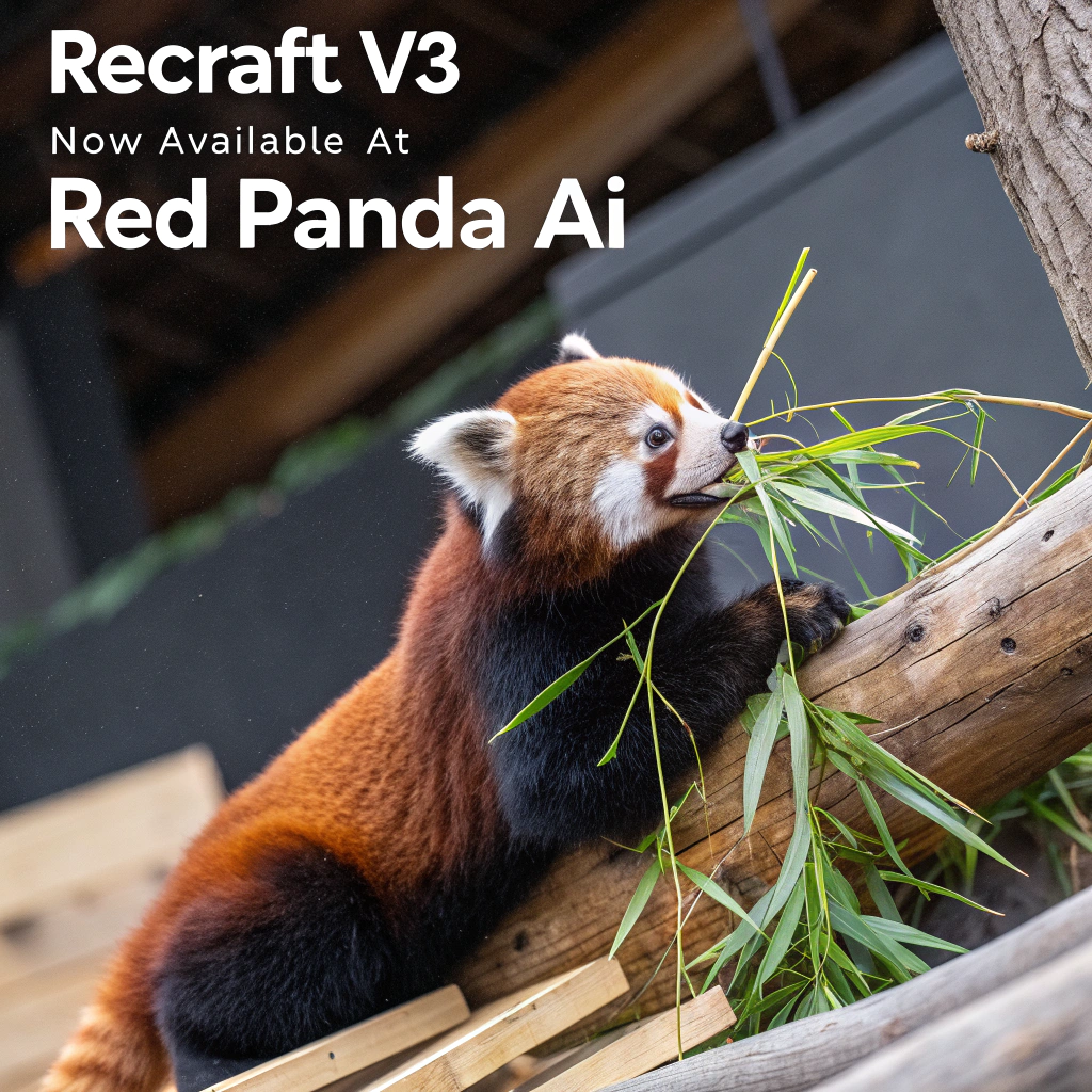 AI generated image by FLUX.1-schnell: a red panda eating a bamboo in front of a poster that says "recraft V3 now available at red panda ai