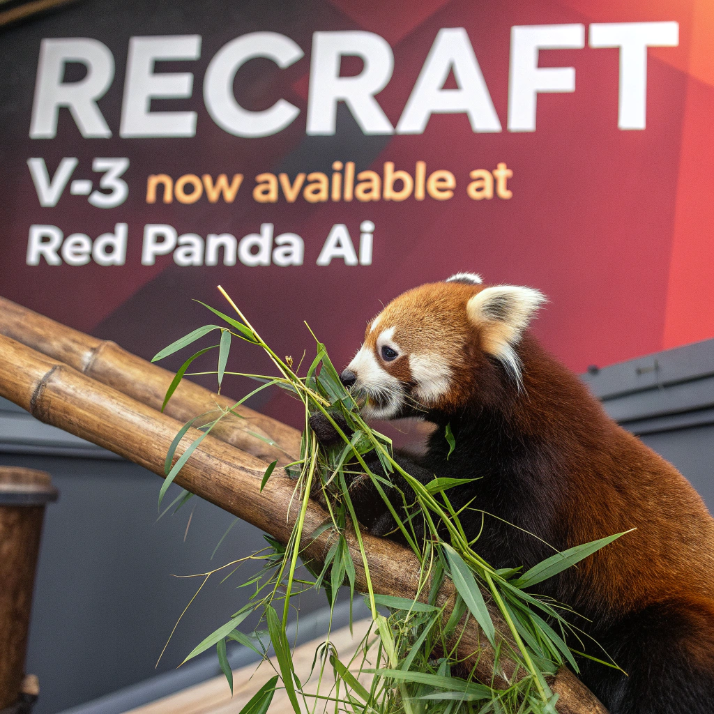 AI generated image by Red Panda AI: a red panda eating a bamboo in front of a poster that says "recraft V3 now available at red panda ai