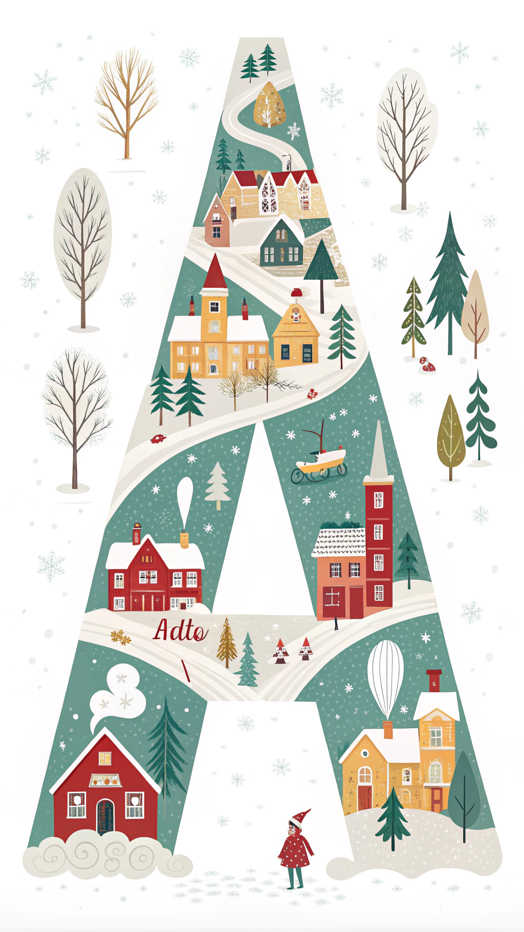 AI generated image by Red Panda AI: Create a whimsical Christmas village scene composed entirely from stylized, repeated capital letter 'A' characters arranged to form festive buildings, trees, and snowy landscapes. Use a color scheme of red, green, and gold on a white background. Minimalistic, no additional text. --no words