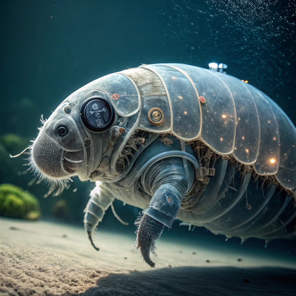 AI generated image by Red Panda AI: jelly tardigrade implanting a robot brain in to a cyborg manatee