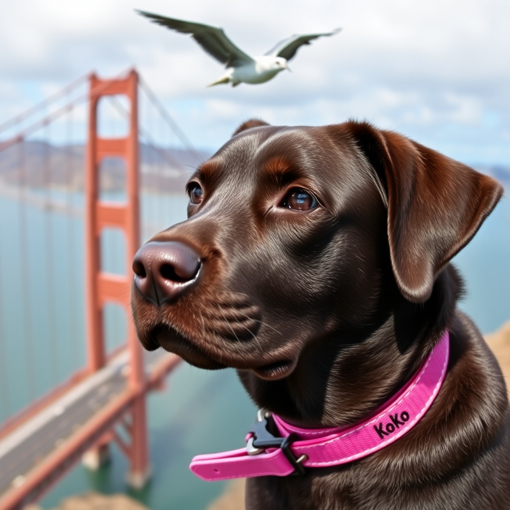 AI generated image by FLUX.1-schnell: A chocolate lab flying over ‎Bay Bridge,  while looking with soulful eyes. The pink collar should have KoKo prominenly written & visible on the collar.