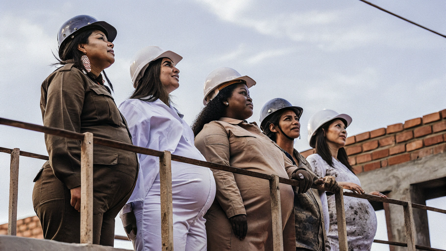 AI generated image by Red Panda AI: cinco mujeres embarazadas de pie, una es policia, otra es enfermera, otra es ingeniea y usa un casco  de ingeniero, otra es pintora y usa su uniforme con manchas de pinturas y la otra viste como alta ejecutiva. Las cinco tienen la barriga grande