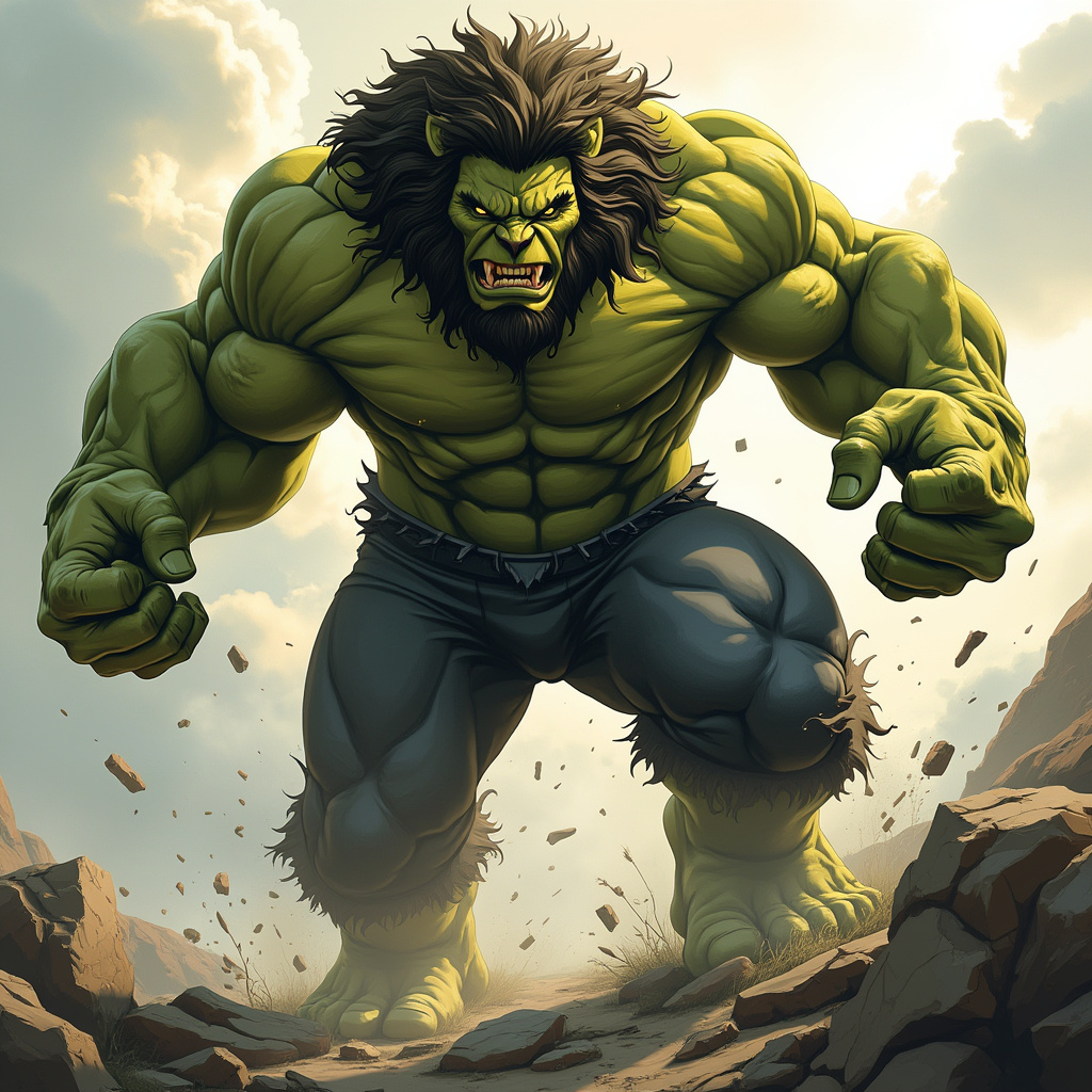 AI generated image by FLUX.1-pro: lion and marvel hulk hybrid