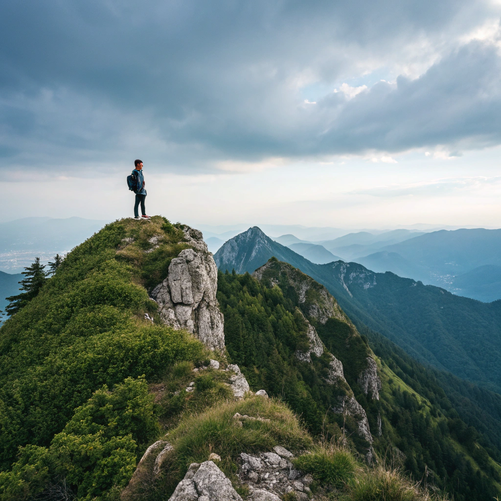 AI generated image by FLUX.1-schnell: Human on mountain