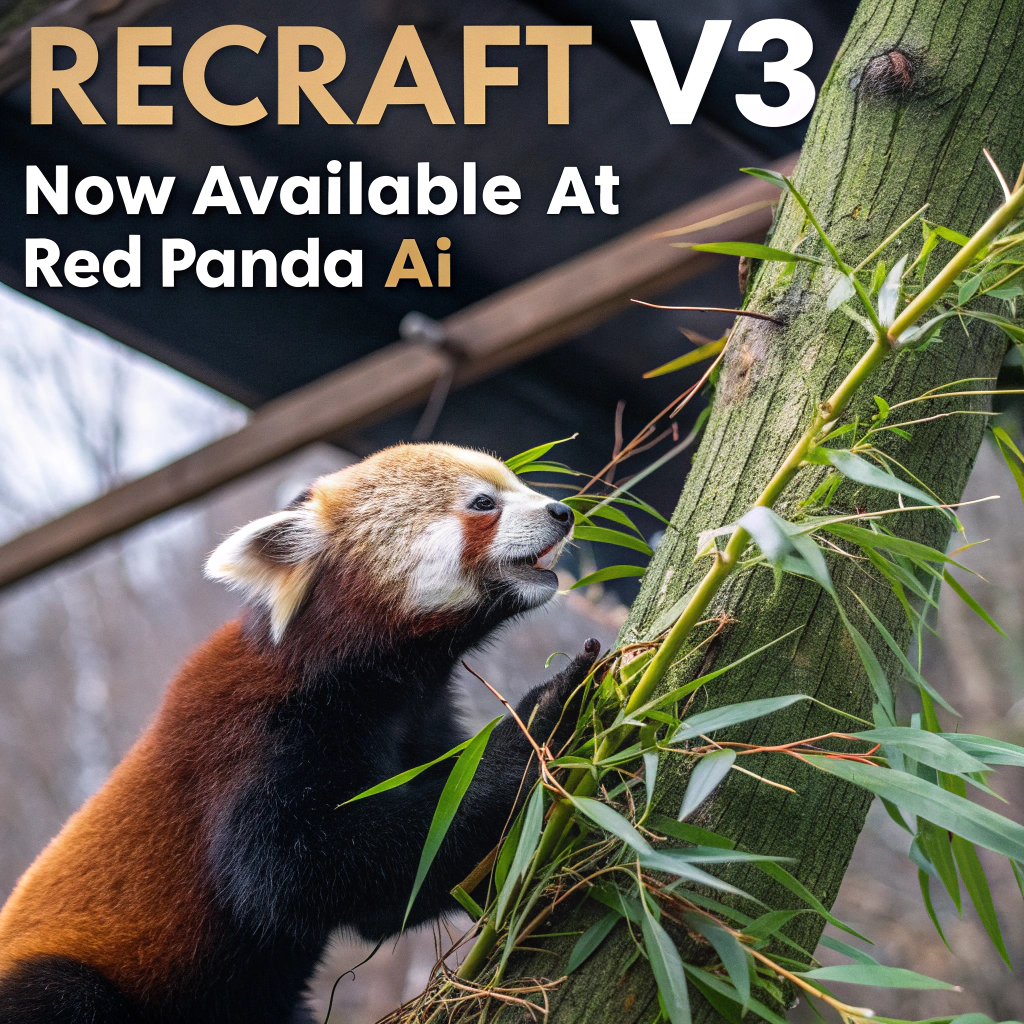 AI generated image by Red Panda AI: a red panda eating a bamboo in front of a poster that says "recraft V3 now available at red panda ai
