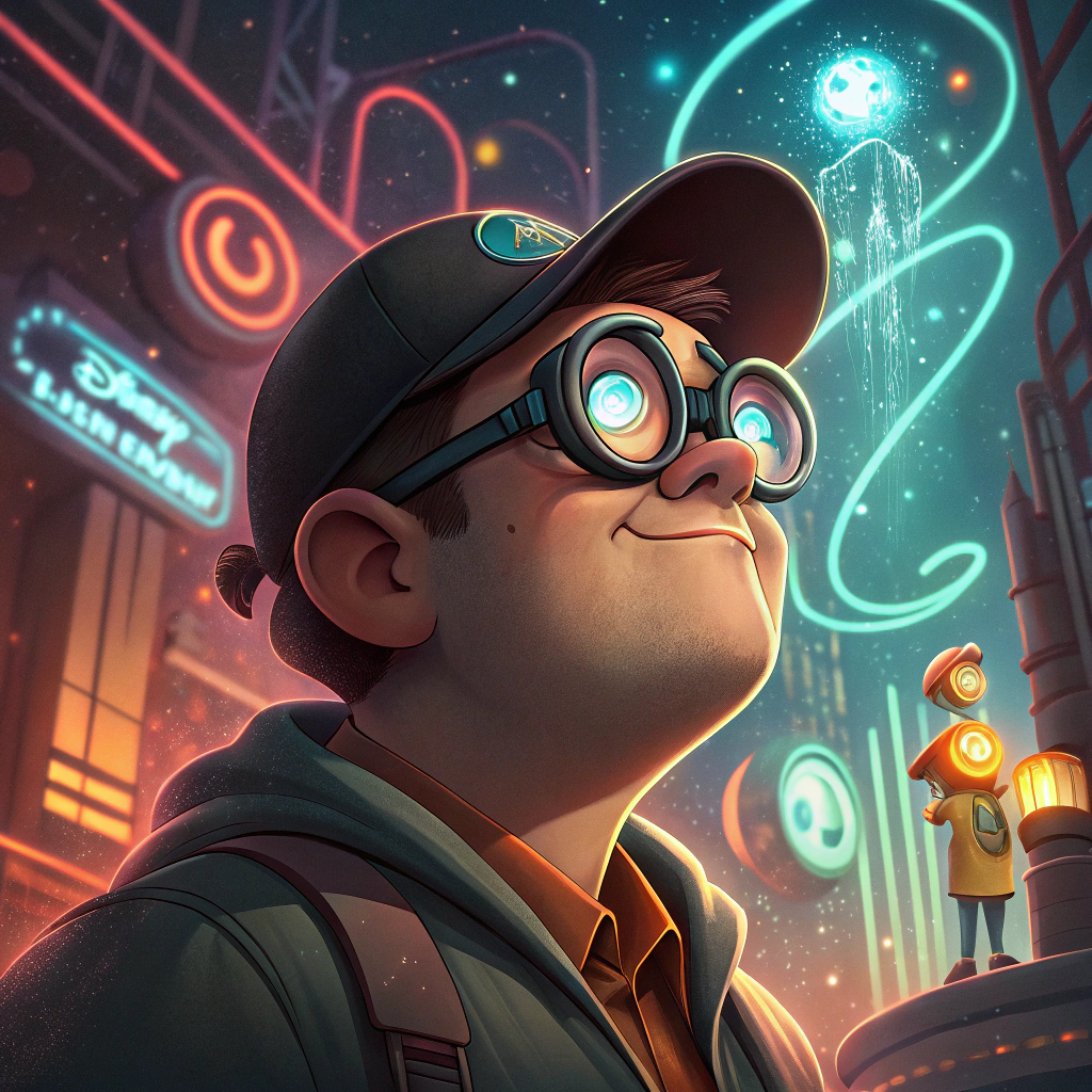 AI generated image by Red Panda AI: Create a fun and friendly Disney Pixar style movie poster in 4k of a full body man with black cap, magnifying glasses, brown eyes. The background of the image should be very technological neon style. The man should appear far away.