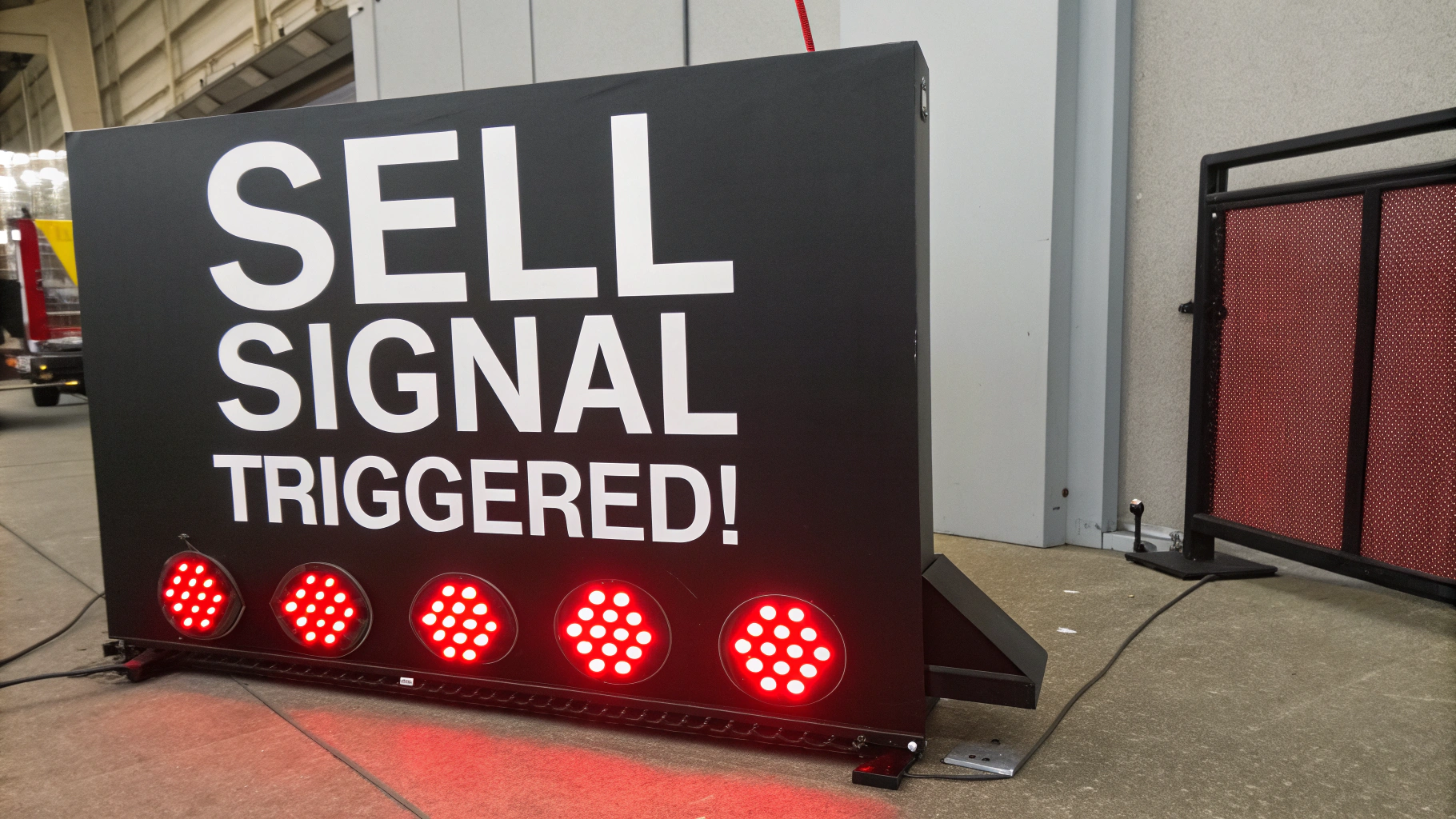 AI generated image by Red Panda AI: "Sell Signal Triggered!" is the sign.  It is flashing red lights, big, bold, clear