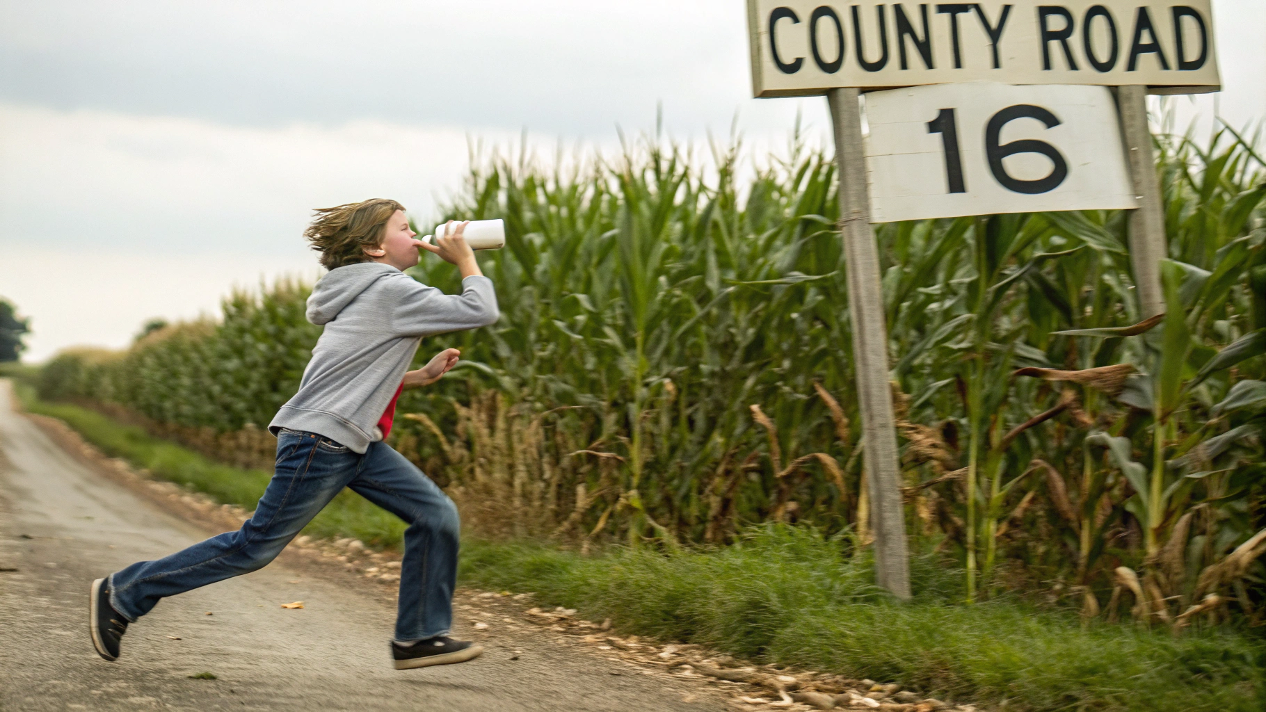 AI generated image by Red Panda AI: a teenager running through a cornfield drinking a gallon of milk.  A sign says "County Road 16"