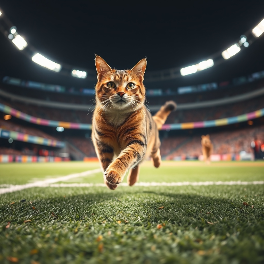 AI generated image by FLUX.1-schnell: Cat running In The stadium 