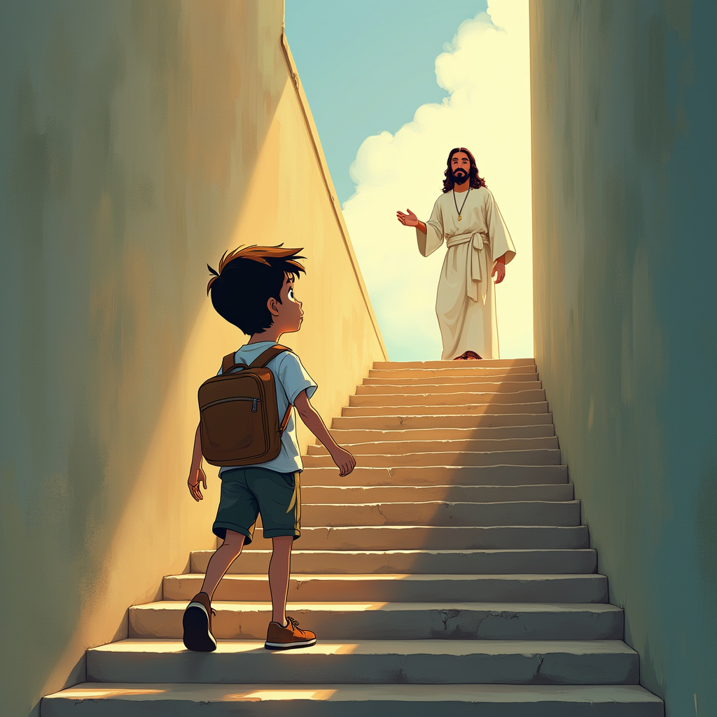 AI generated image by FLUX.1-pro: A hesitant teenager boy ascending on the first step of long stairs, looking towards Jesus, who is standing on the top of the stairs, cartoon, digital art