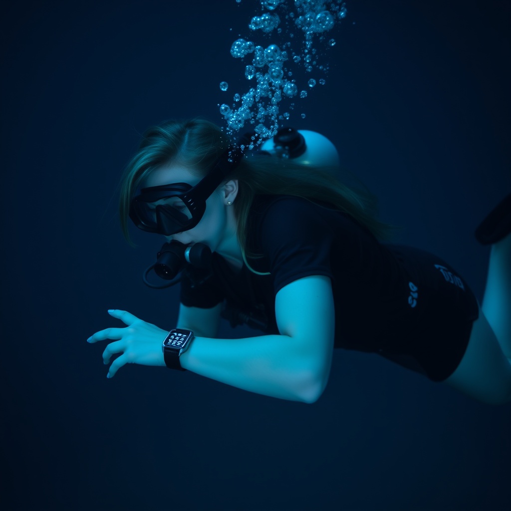 AI generated image by FLUX.1-schnell: A cinematic, night-vision, deepest darkest bluescaled photo of American actress Kiernan Shipka with hair down swimming while scuba diving wearing blacked out scuba diving goggles, scuba diving gear (buoyancy compensator with air hose and cylinder with carbon monoxide), a black raglan short-sleeved Neoprene wetsuit with neck seal and ignitor wetsuit shorts, a dive computer on her wrist and black scuba diving flippers on her feet breathing and blowing air bubbles through a regulator underwater (side face and body view)